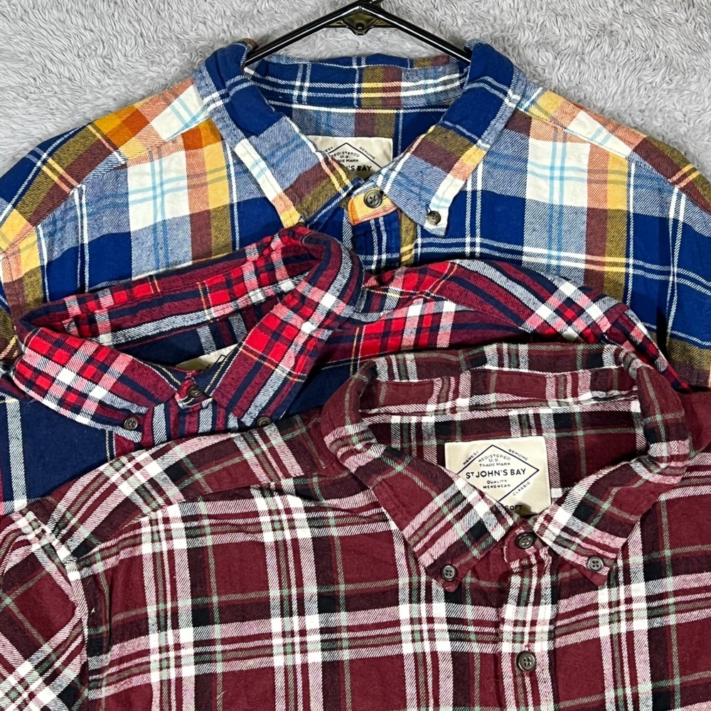 St Johns Bay Mens XXL Flannel Shirt Lot of 3 Plaid Cotton Button Down Super Soft
